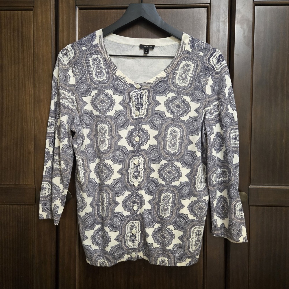 Talbots Womens Medium 3/4 Sleeve Button Cardigan‎ Medallion Blue Grey Old Money